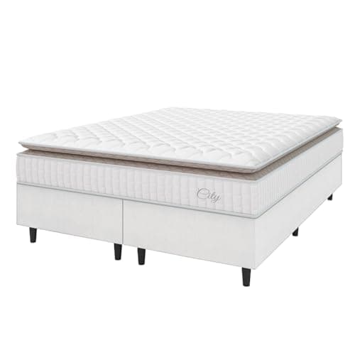 Cama Box Colchão Casal King Molas Ensacadas City Pillow Top 193x203x61cm Linho Branco/Bege Hellen - Suporta até 110kg por Pessoa
