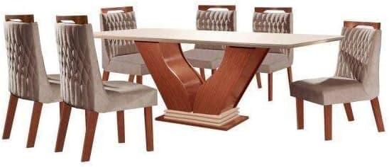 Conjunto Sala de Jantar Mesa com Tampo de Vidro Safira 6 Cadeiras Atena Lj Móveis Castanho Premio/Off White/Pena Bege - Imagem 3