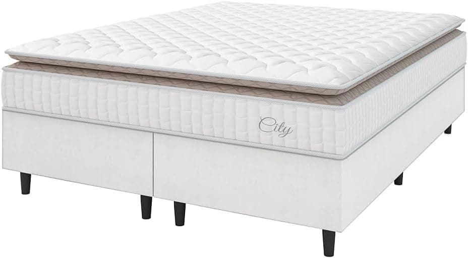 Cama Box Colchão Casal King Molas Ensacadas City Pillow Top 193x203x61cm Linho Branco/Bege Hellen - Suporta até 110kg por Pessoa - Imagem 2
