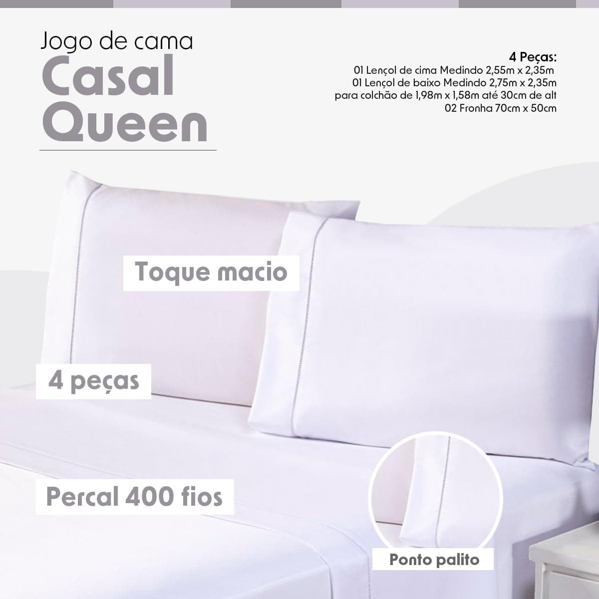 Jogo de Cama Casal Queen Percal 400 Fios Ponto Palito 04 Peças, Antiácaro, Não faz bolinha Toque Extra Macio (branco) - Imagem 3