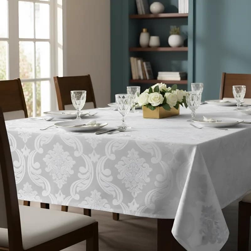 Toalha de Mesa em Jacquard Inglês Requinte Retangular (6 Lugares) (Branco)