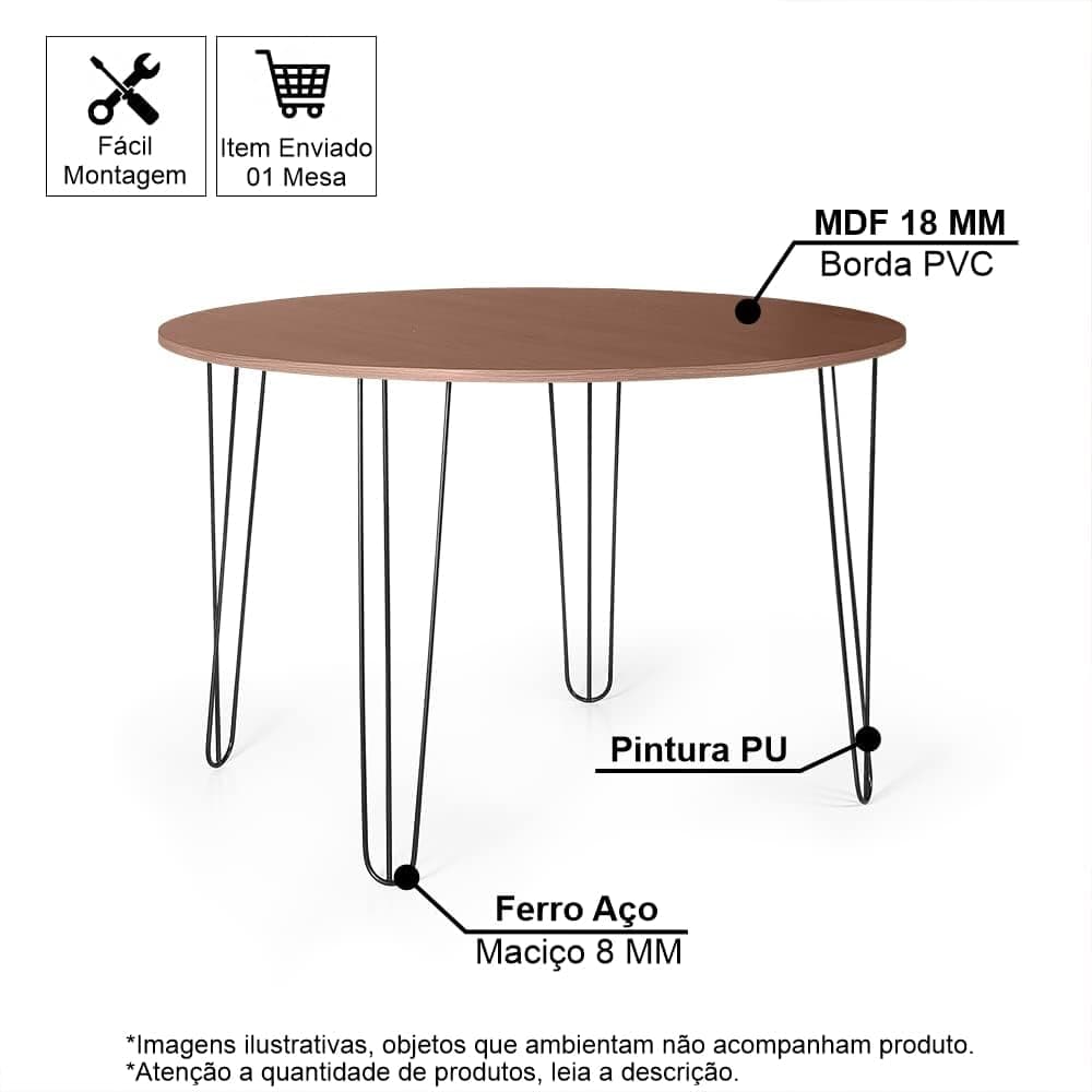 Mesa de Jantar Redonda 6 Lugares 120cm Base de Ferro Hairpin Noronha - Straub Web - Imagem 4