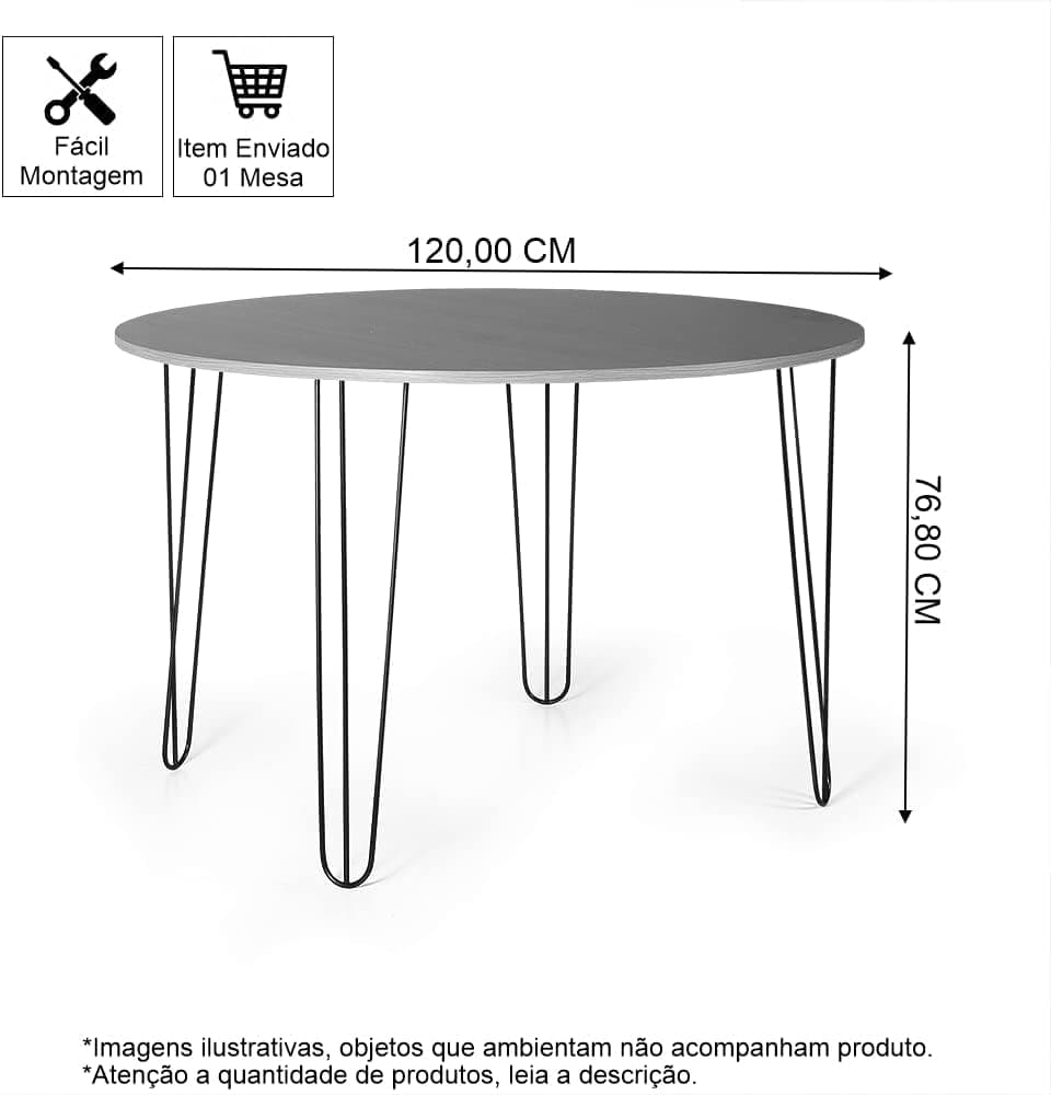 Mesa de Jantar Redonda 6 Lugares 120cm Base de Ferro Hairpin Noronha - Straub Web - Imagem 3