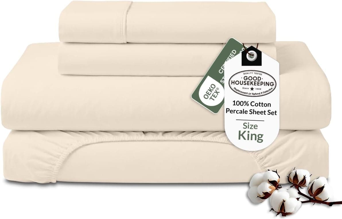 ROYALE LINENS Jogo de lençol solteiro 100% algodão orgânico - tecido percal - conjunto de 3 peças - 1 lençol de cima, 1 lençol com elástico profundo e 1 fronha - Lençóis de cama creme - solteiro - Imagem 2