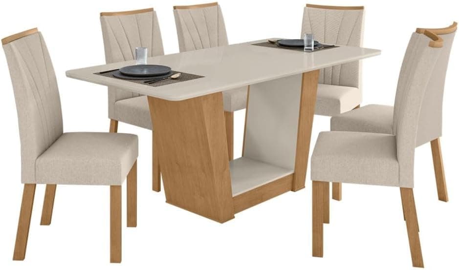 Conjunto Sala de Jantar Mesa com Tampo de Vidro 170cm e 6 Cadeiras Apogeu Móveis Lopas Rovere Naturale/off White/linho Rinzai Bege - Imagem 3
