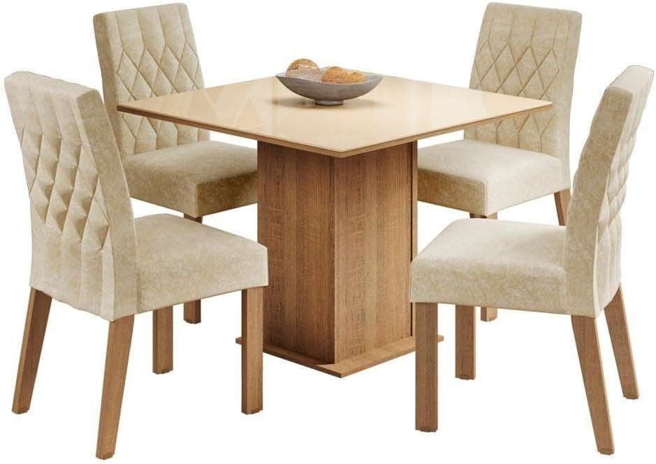 Conjunto Sala de Jantar Madesa Brenda Mesa Tampo de Vidro com 4 Cadeiras - Rustic/Crema/Imperial