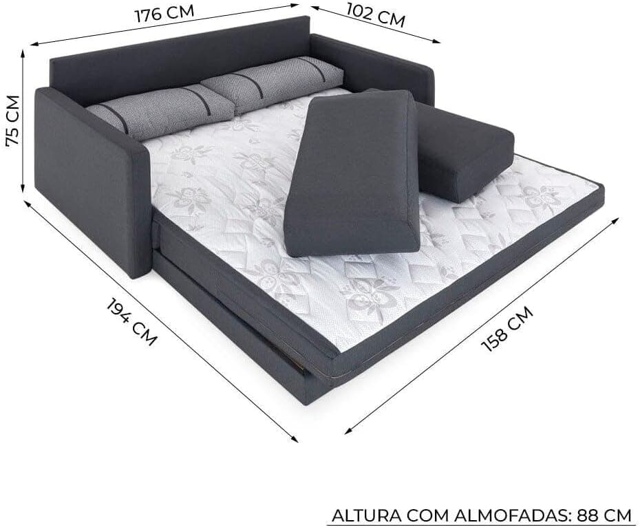 Sofá-cama 3 Lugares Queen Herval Aurora, Linho Grafite Fechado, 176 cm - Imagem 4