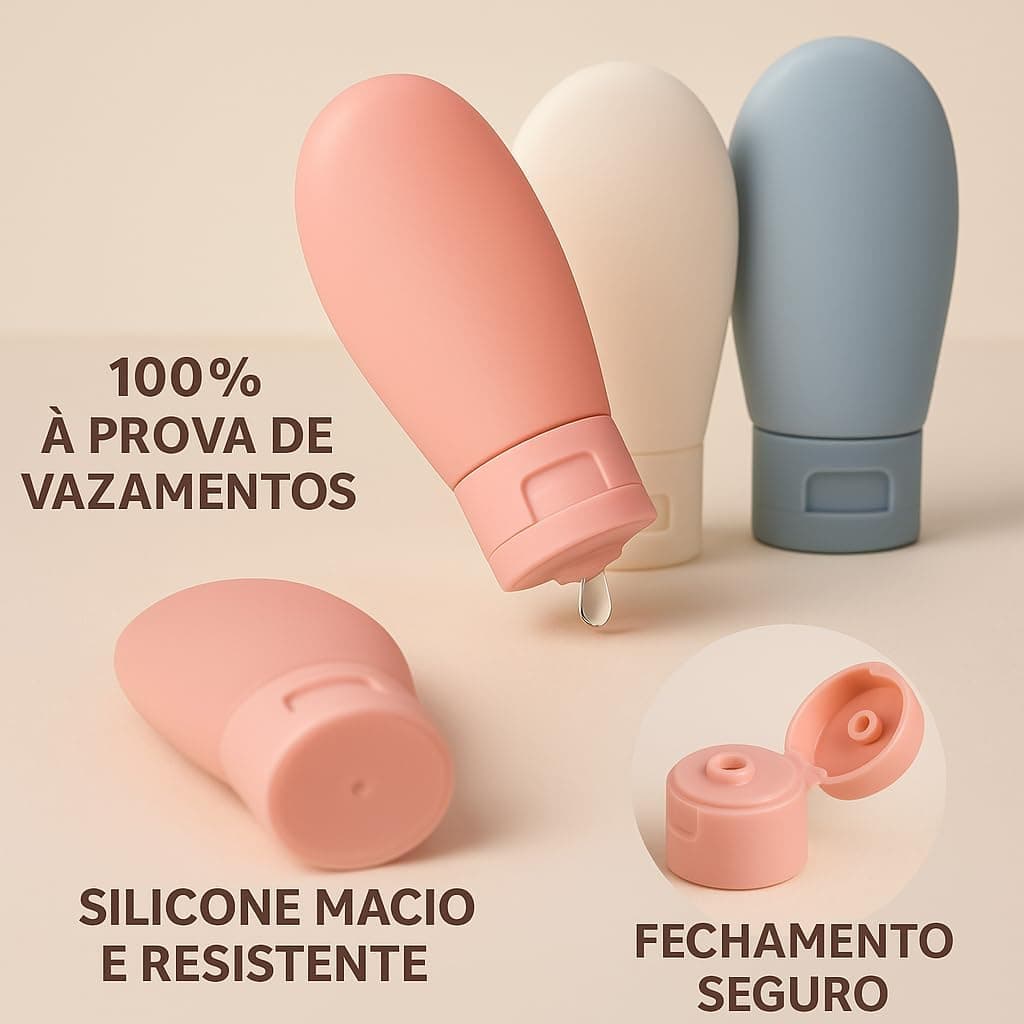 Kit de Viagem 11 Frascos Recarregaveis Para Shampoo Condicionador Sabonete Creme Alcool em Gel Maquiagem e Cosmeticos em Geral – Premium - Imagem 4