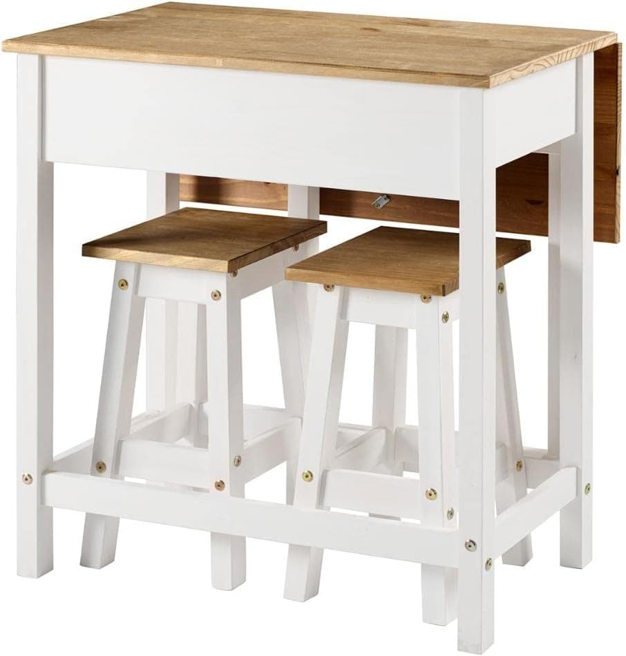 Mesa Dobrável e 2 Banquetas de Madeira Branco Lavado - 84 Alt X 80 Larg X 40 Prof - Móveis Versáteis para Sala e Cozinha - Acabamento em Cera, Madeira Pinus Elliottis - PENSE DENTRO DA CAIXA