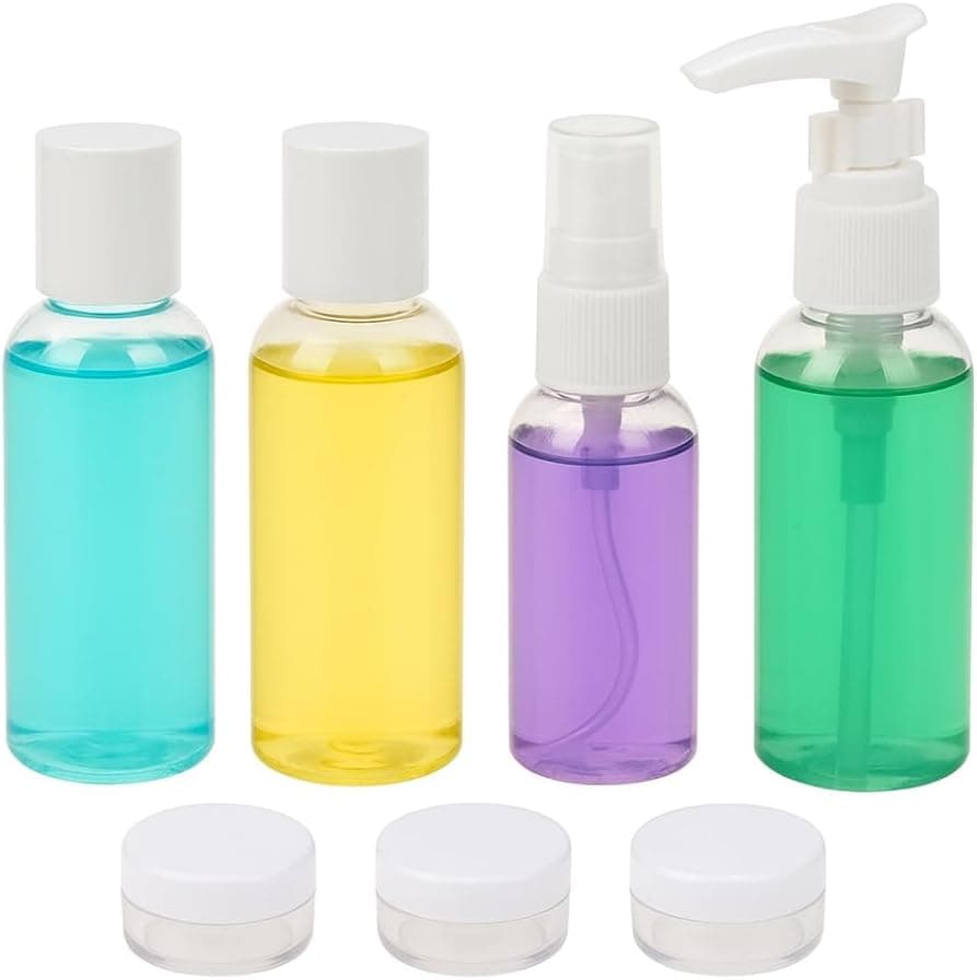 Kit de Viagem 7 Peças com Nécessaire, Frascos com Bomba e Spray 80ml, Potes 15g, Material PVC Transparente para Cosméticos, Shampoo e Perfumes - Imagem 3