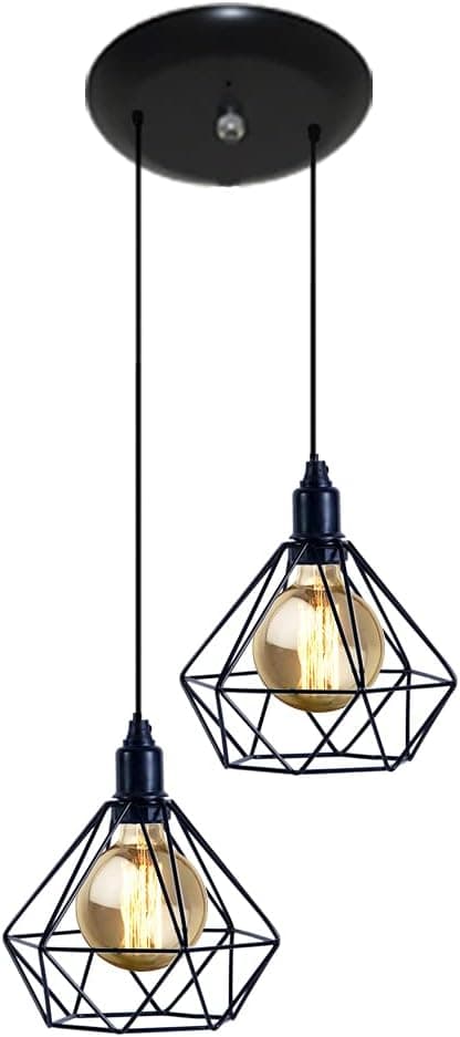 Luminária Pendente Aramado Modelo Diamante Duplo - 02 Juntos na mesma Canopla (Preto) - Imagem 3