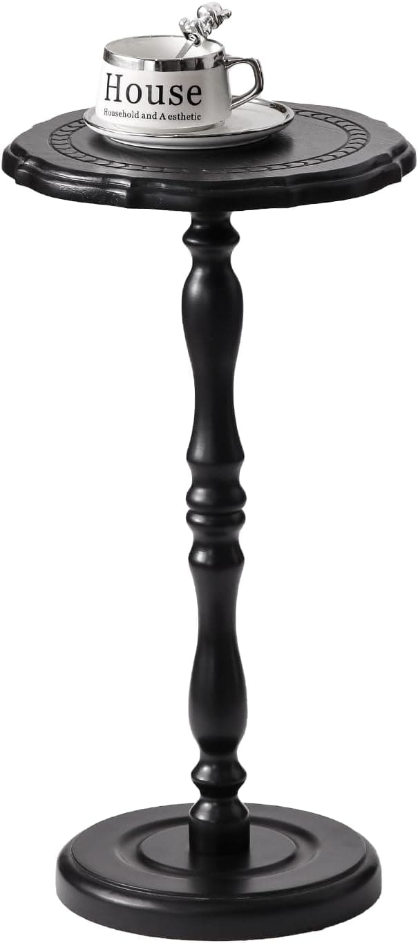 Mesa de bebida, pequena mesa lateral para espaços pequenos, mesa de cabeceira redonda de madeira maciça moderna para sala de estar, quarto, cantos e escritório, preta