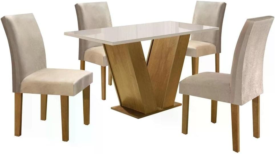 Conjunto Sala de Jantar Mesa Tampo de Vidro 4 Cadeiras Espanha Yescasa Ypê/Suede Bege - Imagem 3