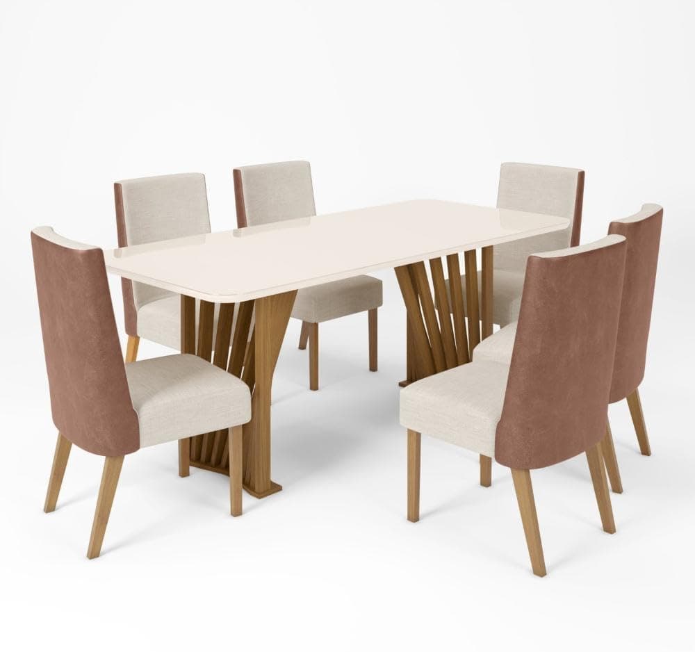 Conjunto Sala de Jantar Mesa Tampo MDF/Vidro com 6 Cadeiras Milena Nature/Off White/Linho - Imagem 3
