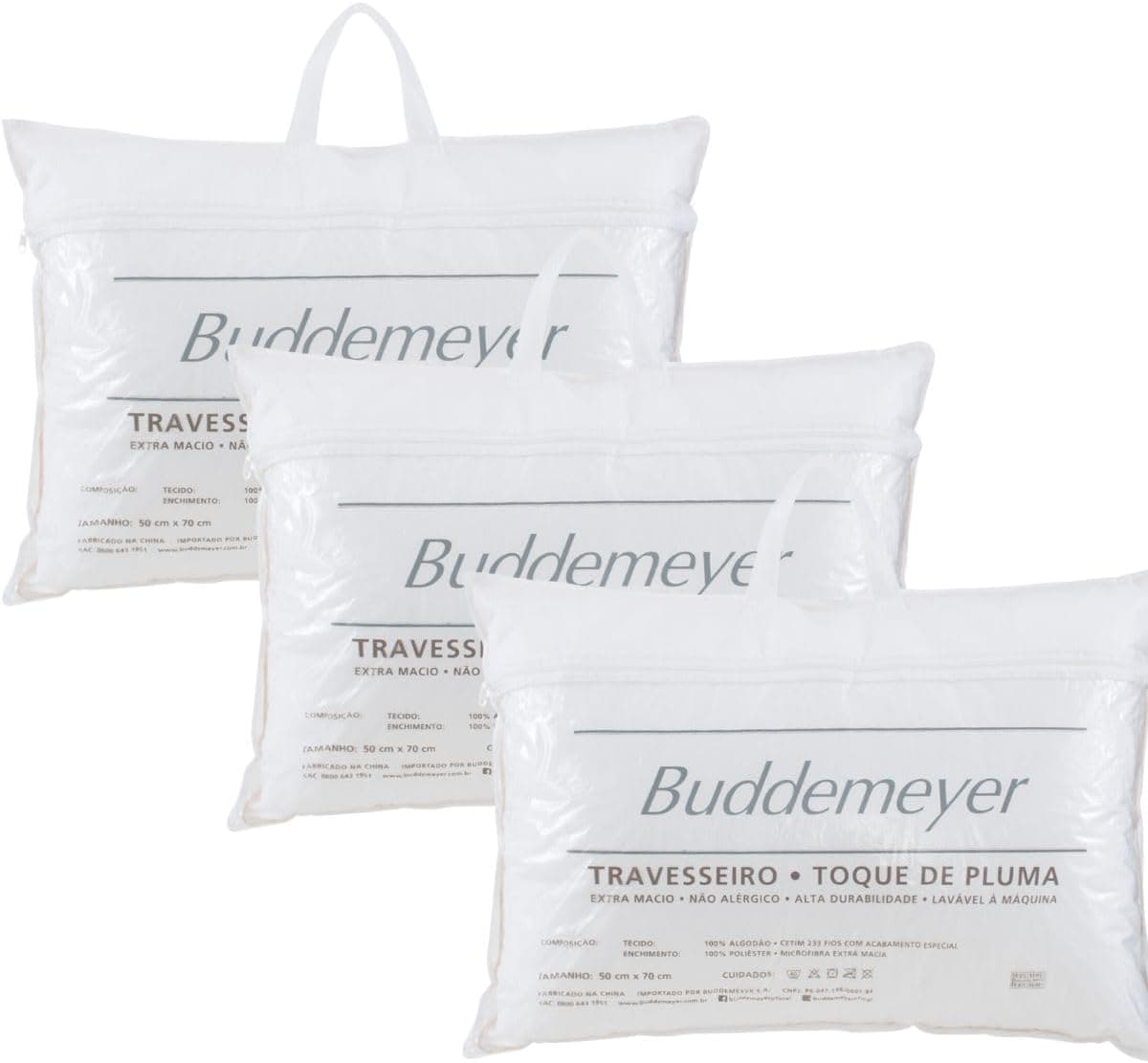 Kit 03 Travesseiros Buddemeyer Toque de Pluma 100% Algodão 233 Fios