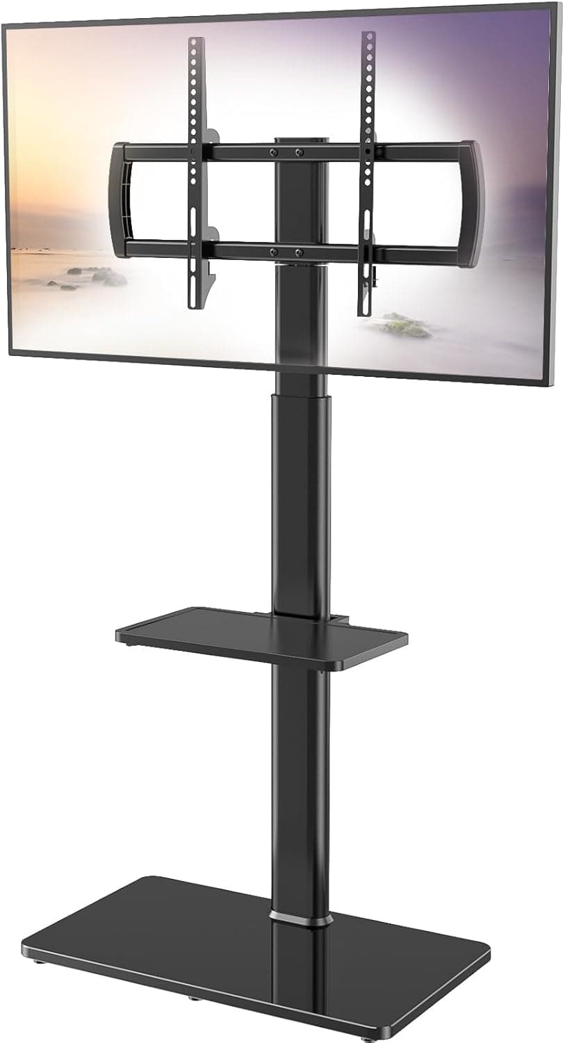 Suporte universal para TV de chão com suporte giratório de 80 graus, altura ajustável e design de economia de espaço para a maioria dos LCD de 27 a 65 polegadas, TVs LED OLED, 2 prateleiras perfeitas