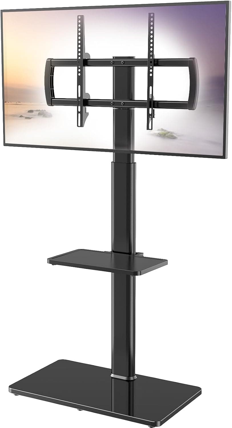 Suporte universal para TV de chão com suporte giratório de 80 graus, altura ajustável e design de economia de espaço para a maioria dos LCD de 27 a 65 polegadas, TVs LED OLED, 2 prateleiras perfeitas