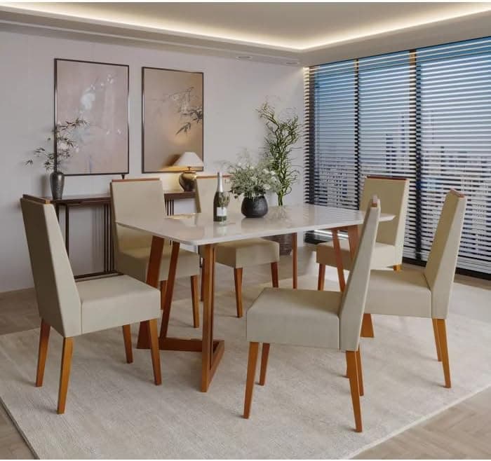 Conjunto Sala de Jantar 6 Lugares Madeira Mesa California e Cadeira Montana Tecido A40 Móveis Meneghetti Caramelo
