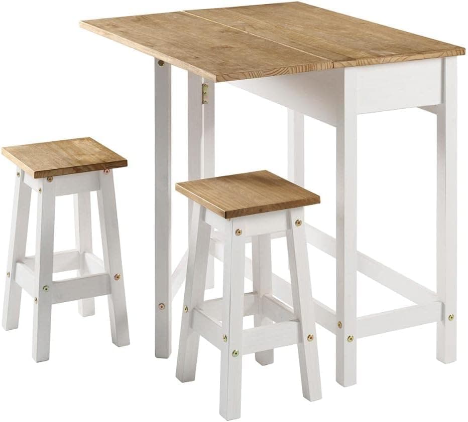 Mesa Dobrável e 2 Banquetas de Madeira Branco Lavado - 84 Alt X 80 Larg X 40 Prof - Móveis Versáteis para Sala e Cozinha - Acabamento em Cera, Madeira Pinus Elliottis - PENSE DENTRO DA CAIXA - Imagem 3