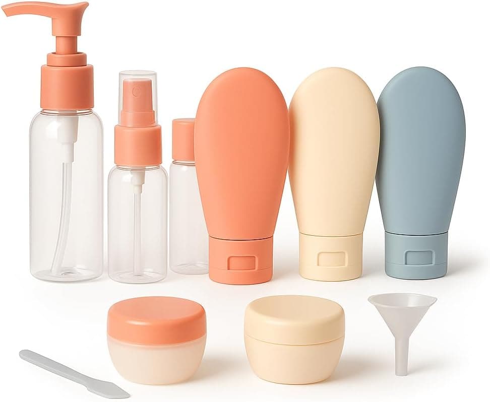 Kit de Viagem 11 Frascos Recarregaveis Para Shampoo Condicionador Sabonete Creme Alcool em Gel Maquiagem e Cosmeticos em Geral – Premium