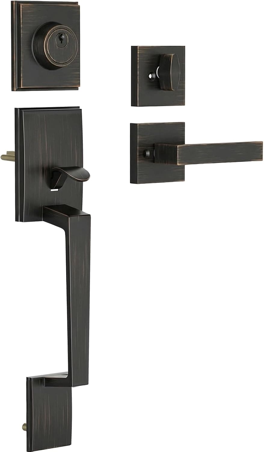 Conjunto de maçanetas e fechaduras de bronze polido a óleo, conjunto de fechadura de porta frontal, conjunto de fechadura externa com fechadura de cilindro único, reversível para direita e