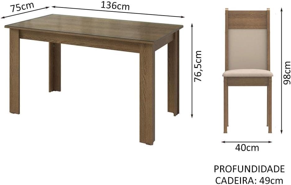 Conjunto Sala de Jantar Mesa Tampo de Vidro 6 Cadeiras Rustic/crema/bege Dora Madesa - Imagem 4