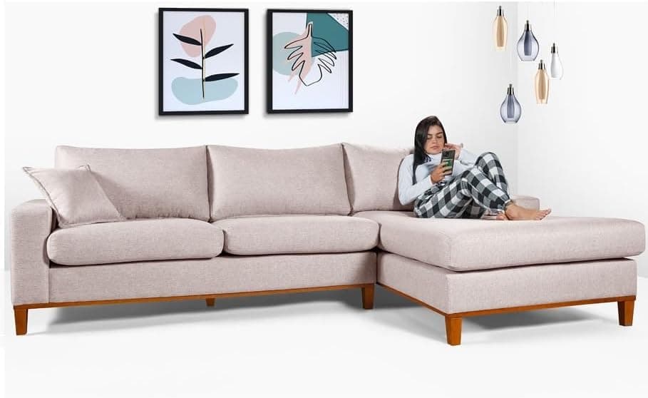 Sofá California 4 Lugares Living Chaise Linho Lado Esquerdo - Essencial Estofados (Champagne)