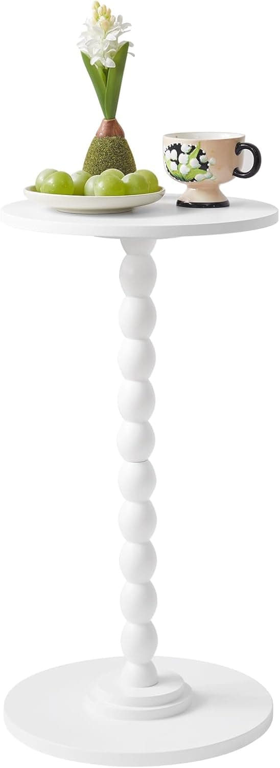 Mesa auxiliar estreita, mesa de cabeceira moderna, redonda, pequena, com pernas de madeira maciça para sala de estar, quarto e espaços pequenos, cor branca YD-RST001W