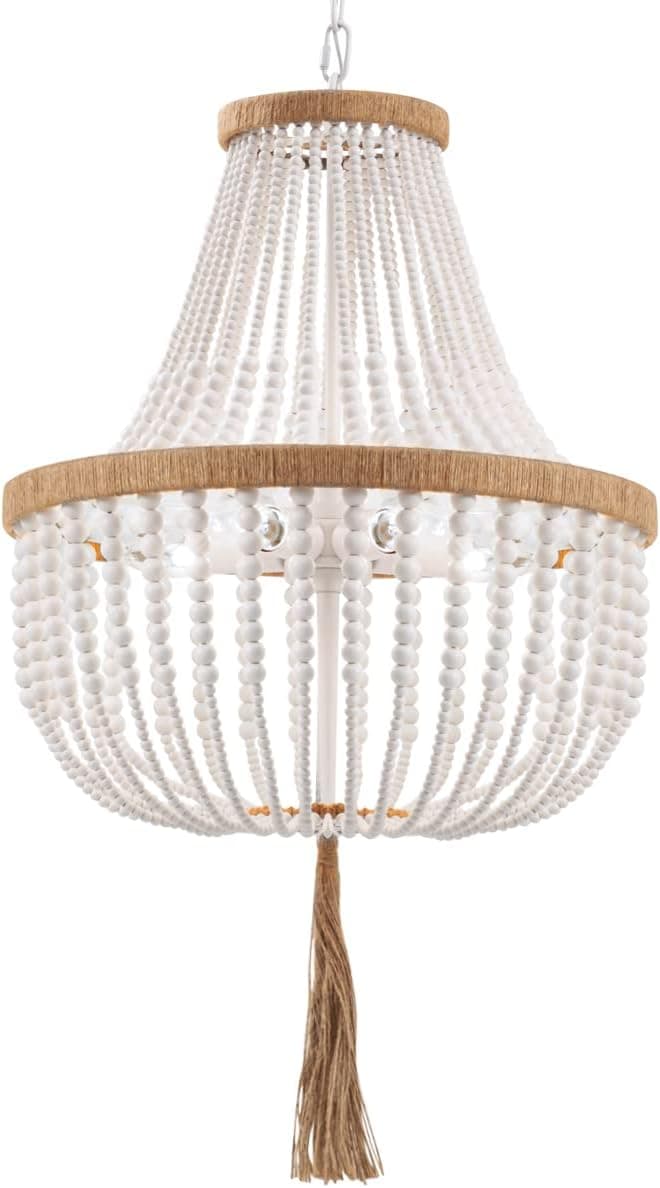 Lustre de fazenda com contas de madeira de 4 luzes com borlas Bohemia pingente rústico antigo para quarto, cozinha, ilha, sala de estar, hall de entrada, branco, diâmetro 44 cm