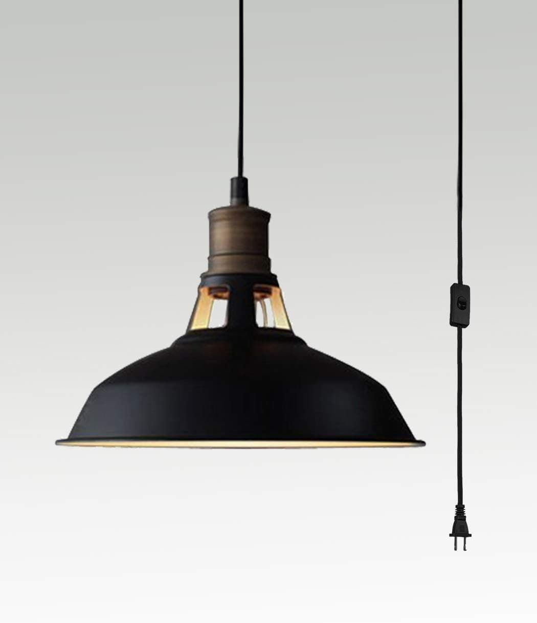 CLAXY Luminária pendente de celeiro plug-in industrial com iluminação de pingente de fazenda preta com interruptor liga/desliga cabo de 38 cm