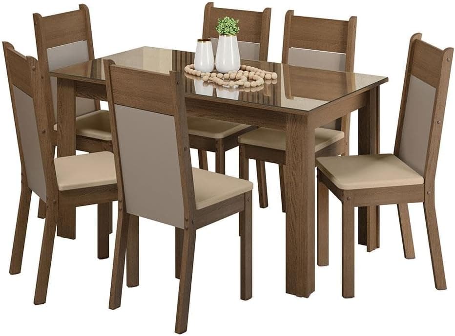 Conjunto Sala de Jantar Mesa Tampo de Vidro 6 Cadeiras Rustic/crema/bege Dora Madesa - Imagem 3