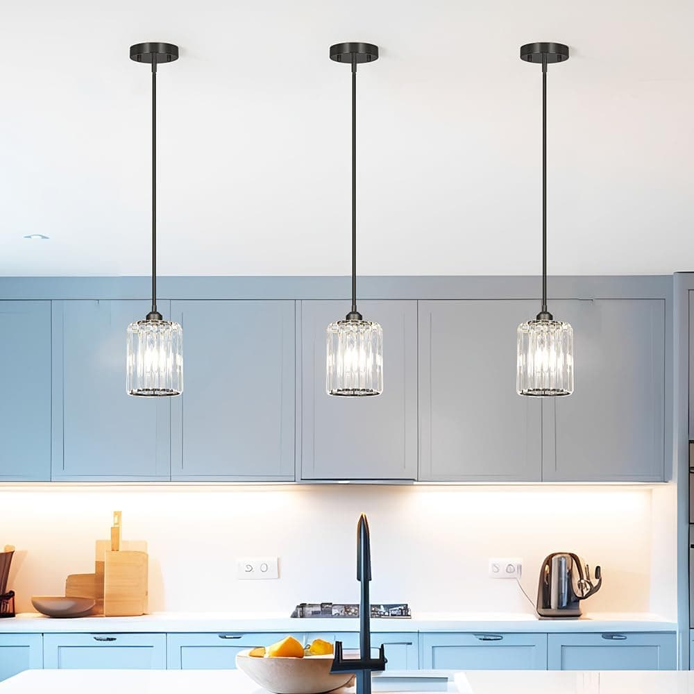 Luzes pendentes de cozinha pretas sobre a ilha com hastes ajustáveis - luminárias pendentes de cristal para teto inclinado, ideal sobre mesa de jantar ou bar, compatível com lâmpada E26, sem - Imagem 3