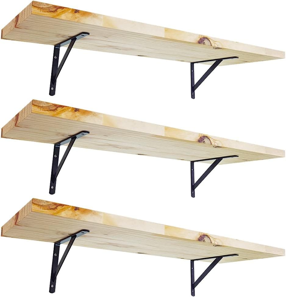 KIT 3 Prateleira Madeira Nicho Estante Painel Pinus 60x20 + Mão Francesa Aço (Preto)