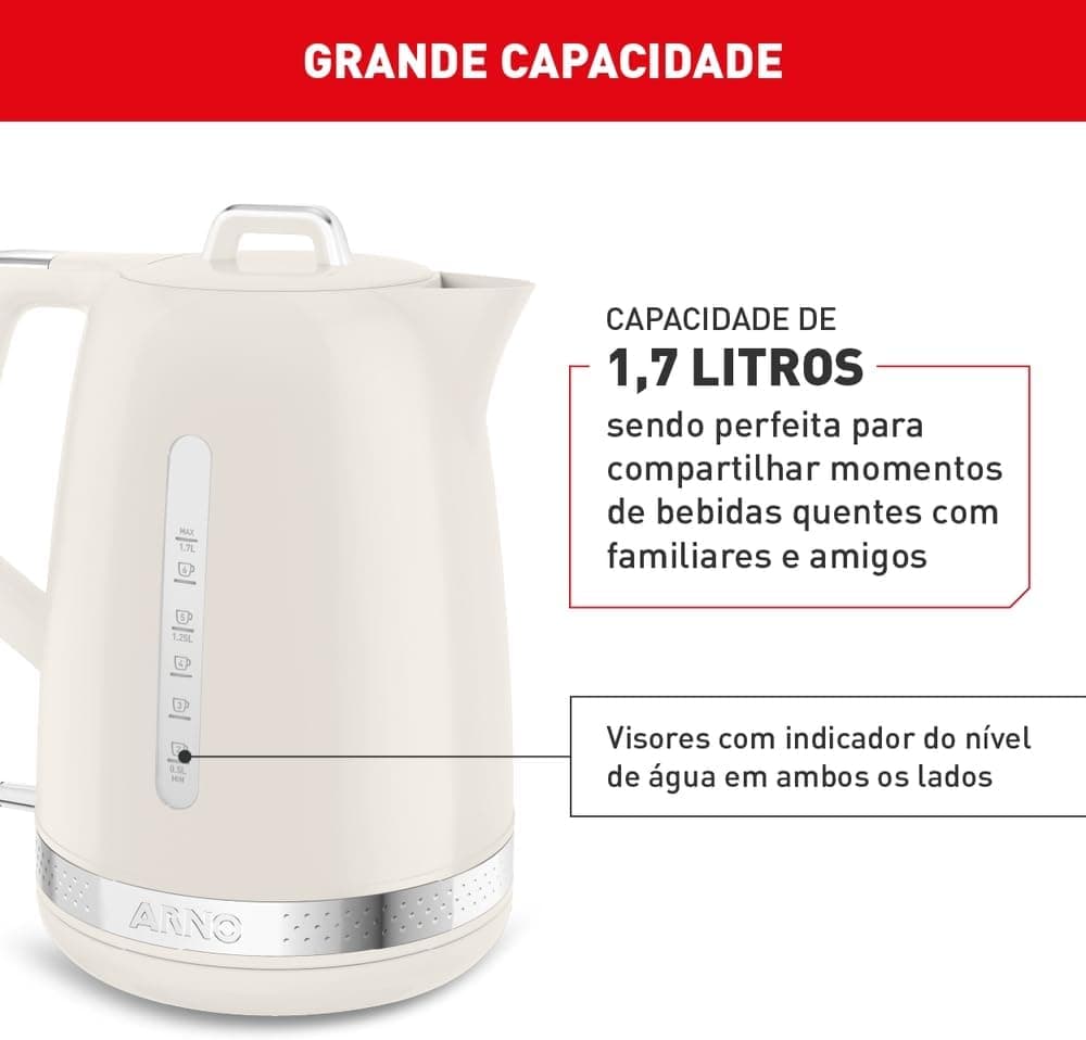 Chaleira Elétrica Arno Soleil 1,7L Marfim SKET, Design Retrô, Base Giratória 360º, Bico de Precisão e Visores Laterais, 220V - Imagem 4