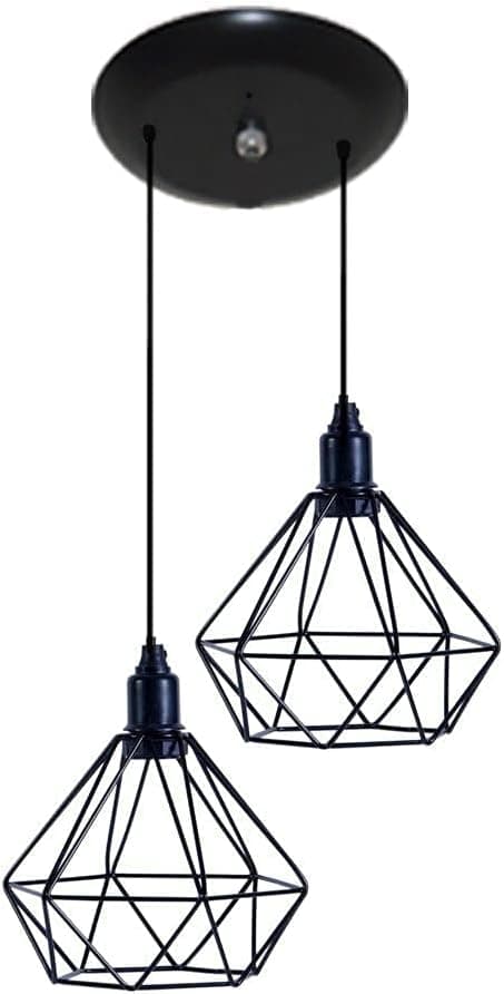 Luminária Pendente Aramado Modelo Diamante Duplo - 02 Juntos na mesma Canopla (Preto)