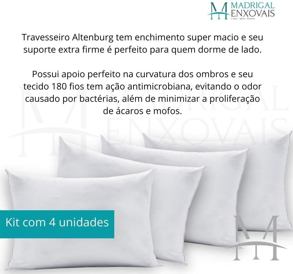 Kit 04 Travesseiros Altenburg Suporte Extra Firme 0,50x0,70m 180 Fios - Imagem 3