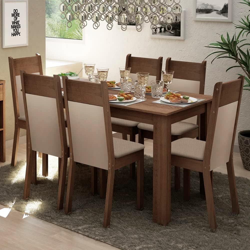 Conjunto Sala de Jantar Mesa Tampo de Madeira com 6 Cadeiras Rustic/Crema/Sintético Bege Jaíne Madesa