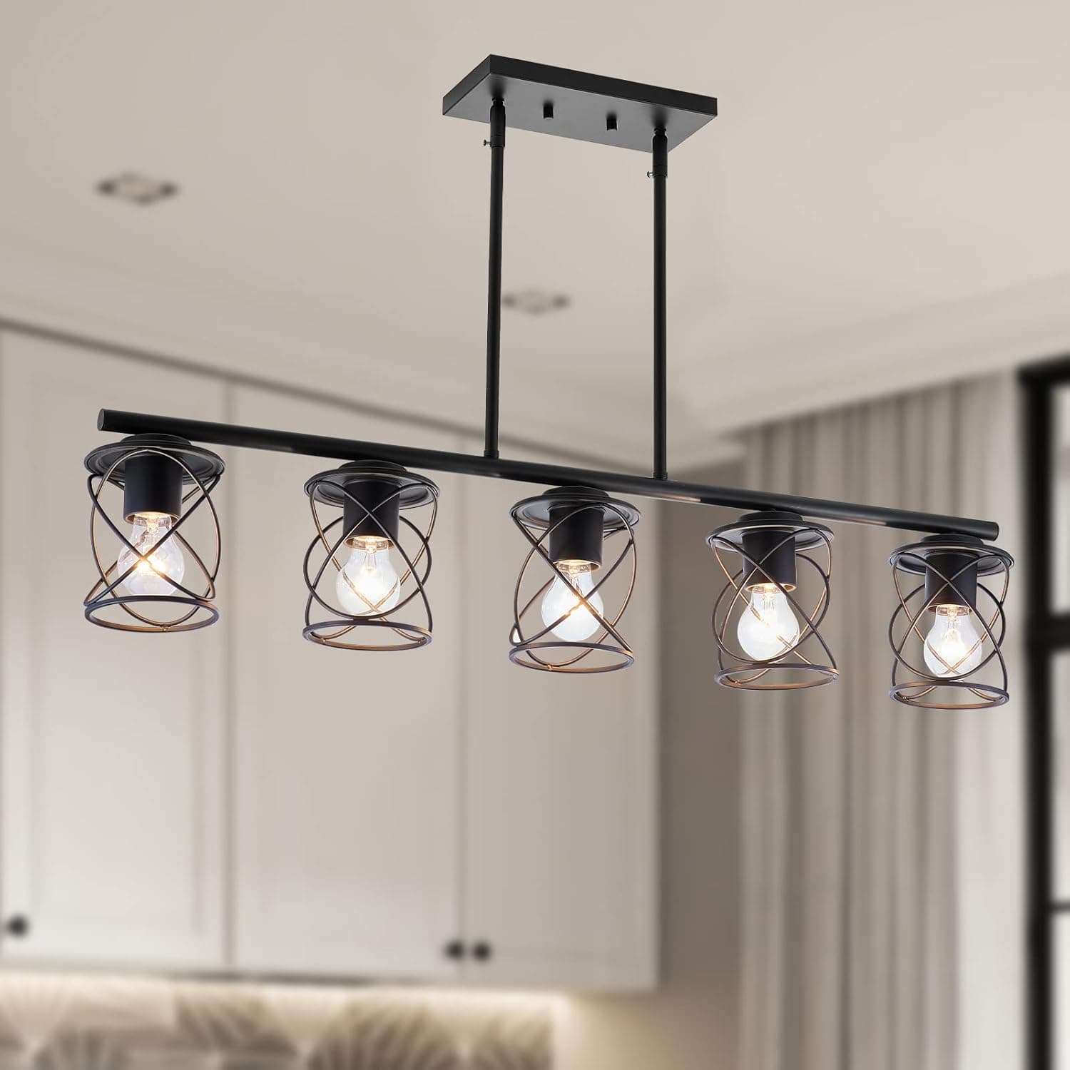 mavcadonf Luz de Ilha de Cozinha, Luminárias de Sala de Jantar com 5 Luzes Penduradas, Luz Pendente Linear de Fazenda para Mesa de Ilha de Cozinha, Sala de Estar com Hastes Ajustáveis, Metal Preto