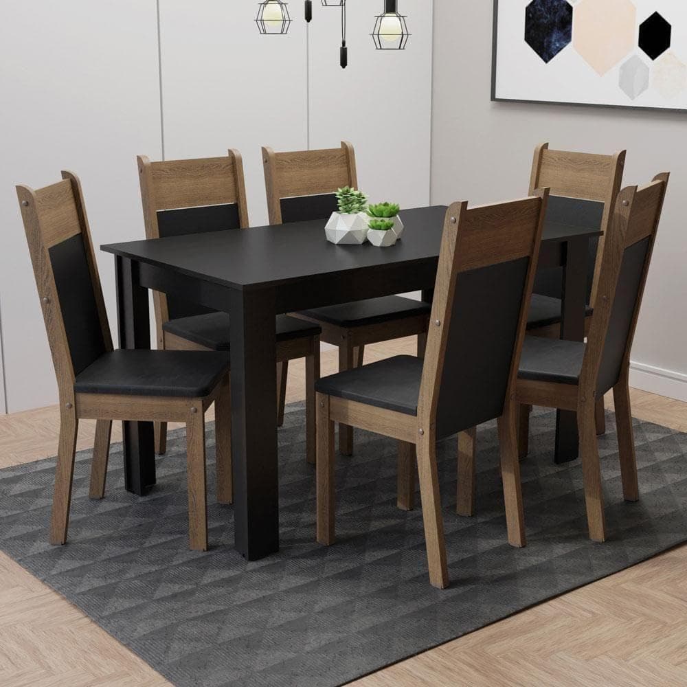Conjunto Sala de Jantar Madesa Medelin Mesa Tampo de Madeira com 6 Cadeiras - Preto/rustic/sintpreto