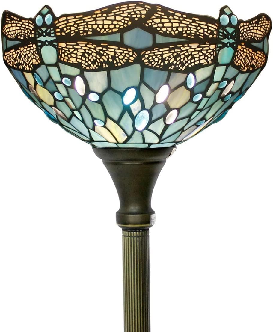 Luminária de chão Tiffany Torchiere LED Uplight 167,6 cm de altura poste de bronze industrial vintage Boho vitral libélula retrô canto de pé luminoso sala de estar quarto infantil fazenda WERFACTORY