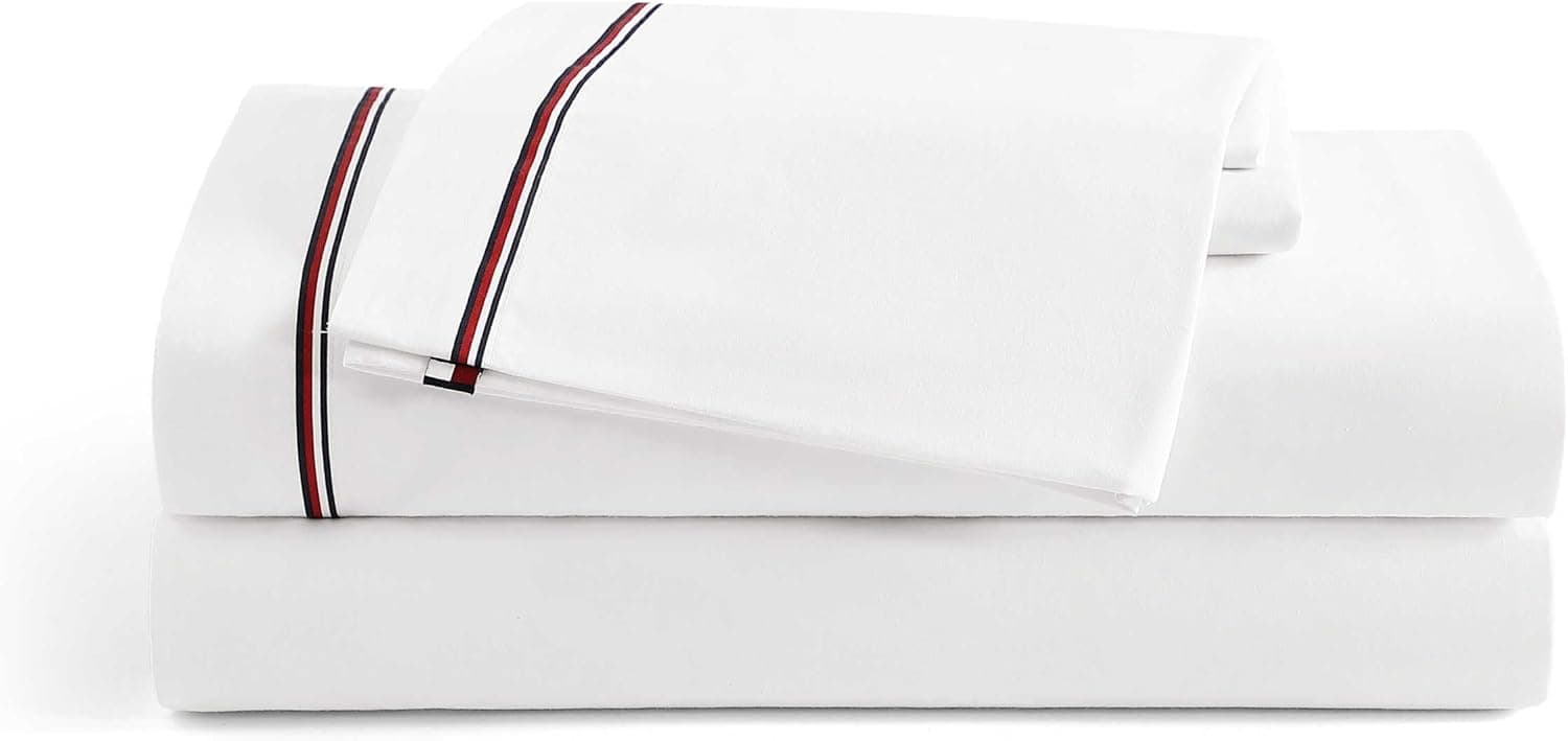 Tommy Hilfiger - Conjunto de lençóis, roupa de cama percal de algodão com fronhas combinando, nítido e legal, essenciais para casa de qualidade premium (vermelho listrado global, casal)