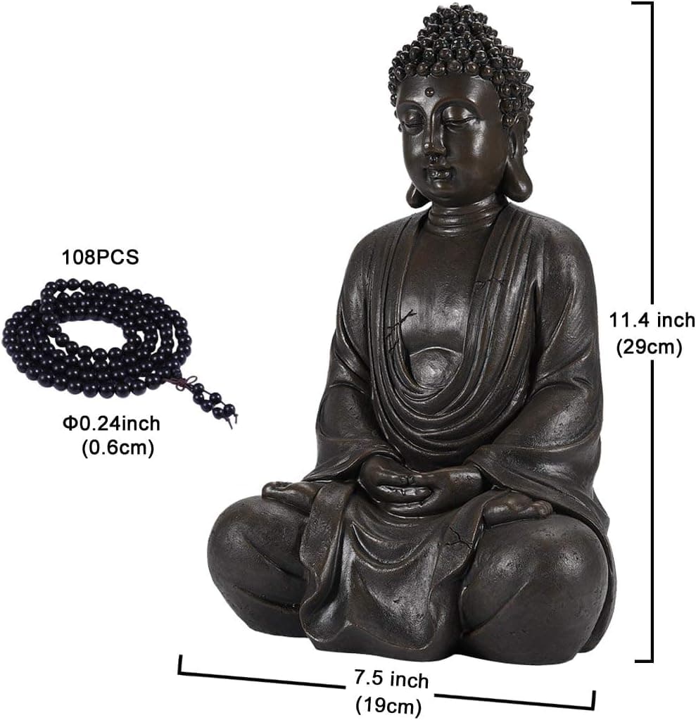 Estatueta de zen buda meditando da Limeide, escultura - Decoração interna/externa para casa, jardim, com colar de contas de madeira natural, poliresina, visual de bronze antigo (11,4 polegadas) - Imagem 3