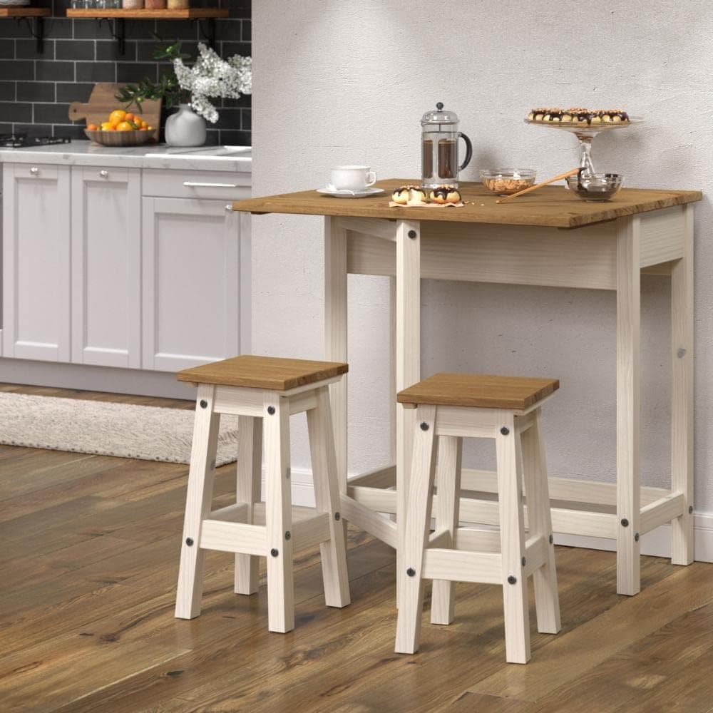 Mesa Dobrável e 2 Banquetas de Madeira Branco Lavado - 84 Alt X 80 Larg X 40 Prof - Móveis Versáteis para Sala e Cozinha - Acabamento em Cera, Madeira Pinus Elliottis - PENSE DENTRO DA CAIXA - Imagem 4