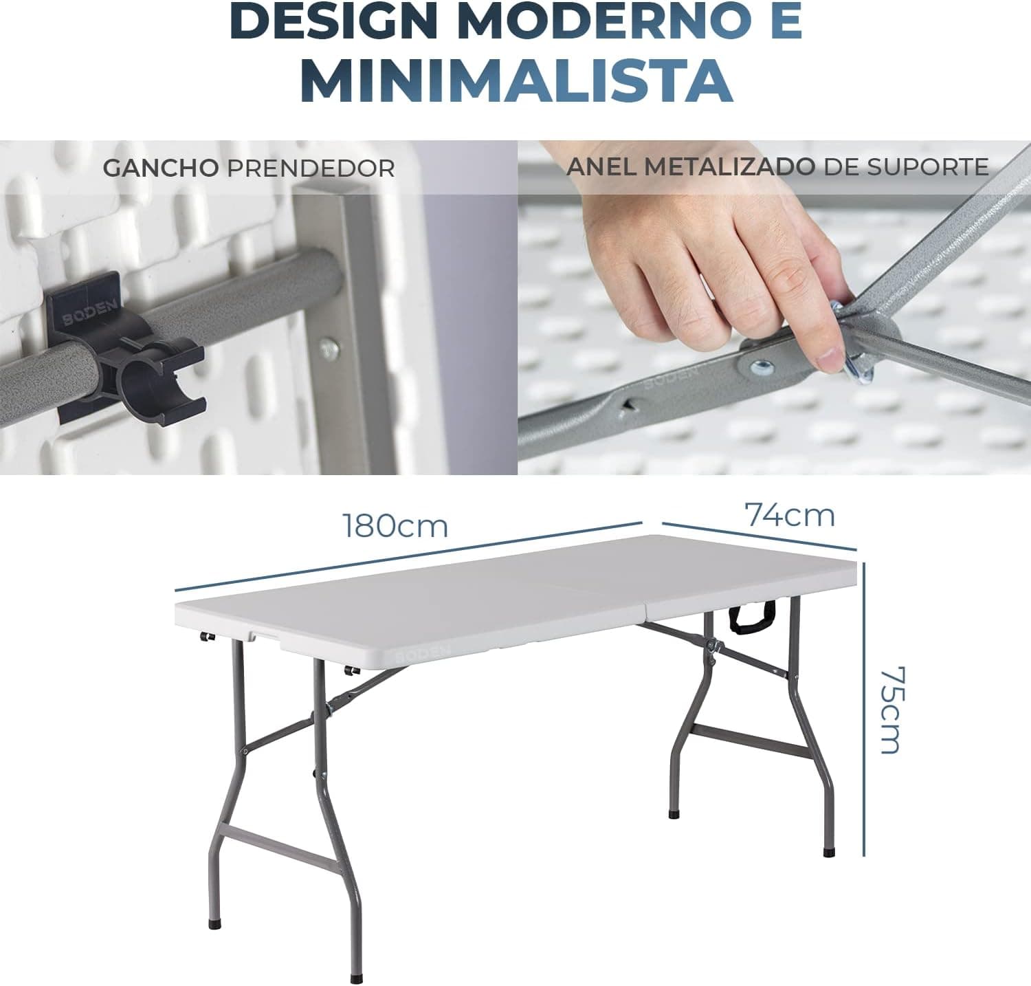 BODEN Mesa Maleta Portátil, Dobrável, Retangular, Com Alça, Suporta até 150 kg, 1,80 Metros, Ambientes Internos e Externos, Polietileno e Aço, Preta. - Imagem 4