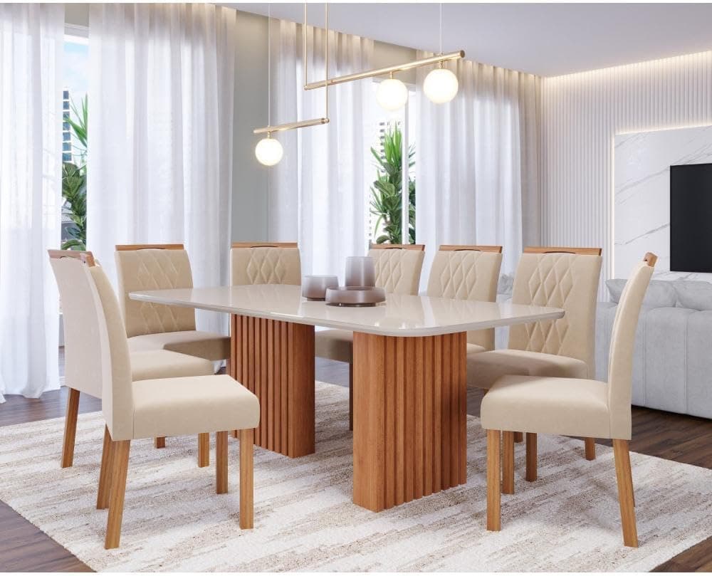 Sala de Jantar Ester 210cm com 8 Cadeiras Juliana Cinamomo/off White/madeira/nude