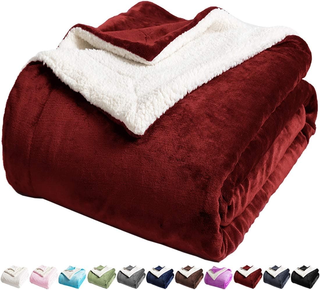 LBRO2M Cobertor de cama de lã sherpa, tamanho queen, supermacio, aconchegante, de microfibra, sofá, veludo, reversível, luxuoso, cobertores, vermelho