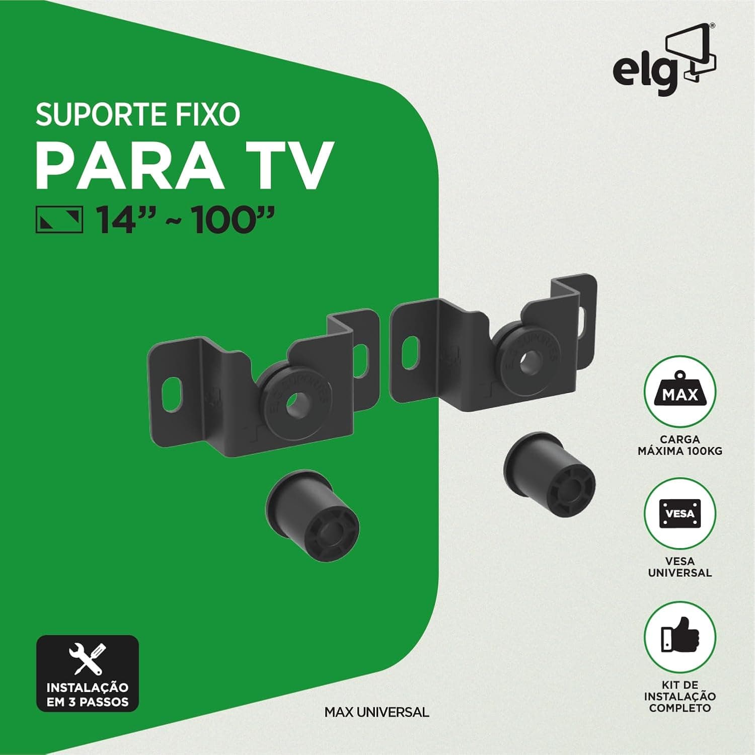 Suporte de TV Fixo Universal de Parede, 14" a 100", Capacidade até 100 kg, VESA de 100x100 a 800x400mm, Preto, MAX UNIVERSAL, ELG - Imagem 3