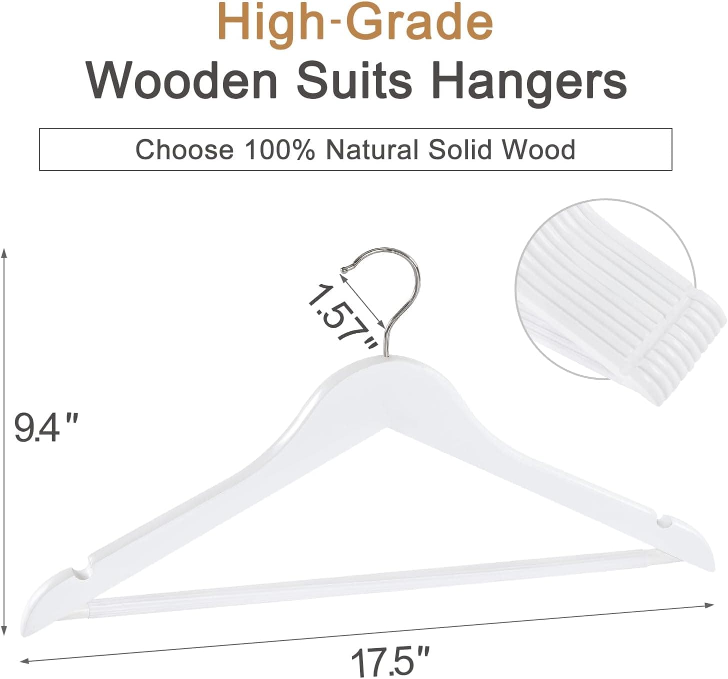 TOPIA HANGER Wooden Coat Hangers 30 Pack, White Wood Suit Hangers with Non Slip Pants Bar, 360° Swivel Hook and Shoulder Notches for Camisole, Jacket, Pants, Smooth Finish Clothes Hangers -CT34W30 - Imagem 3