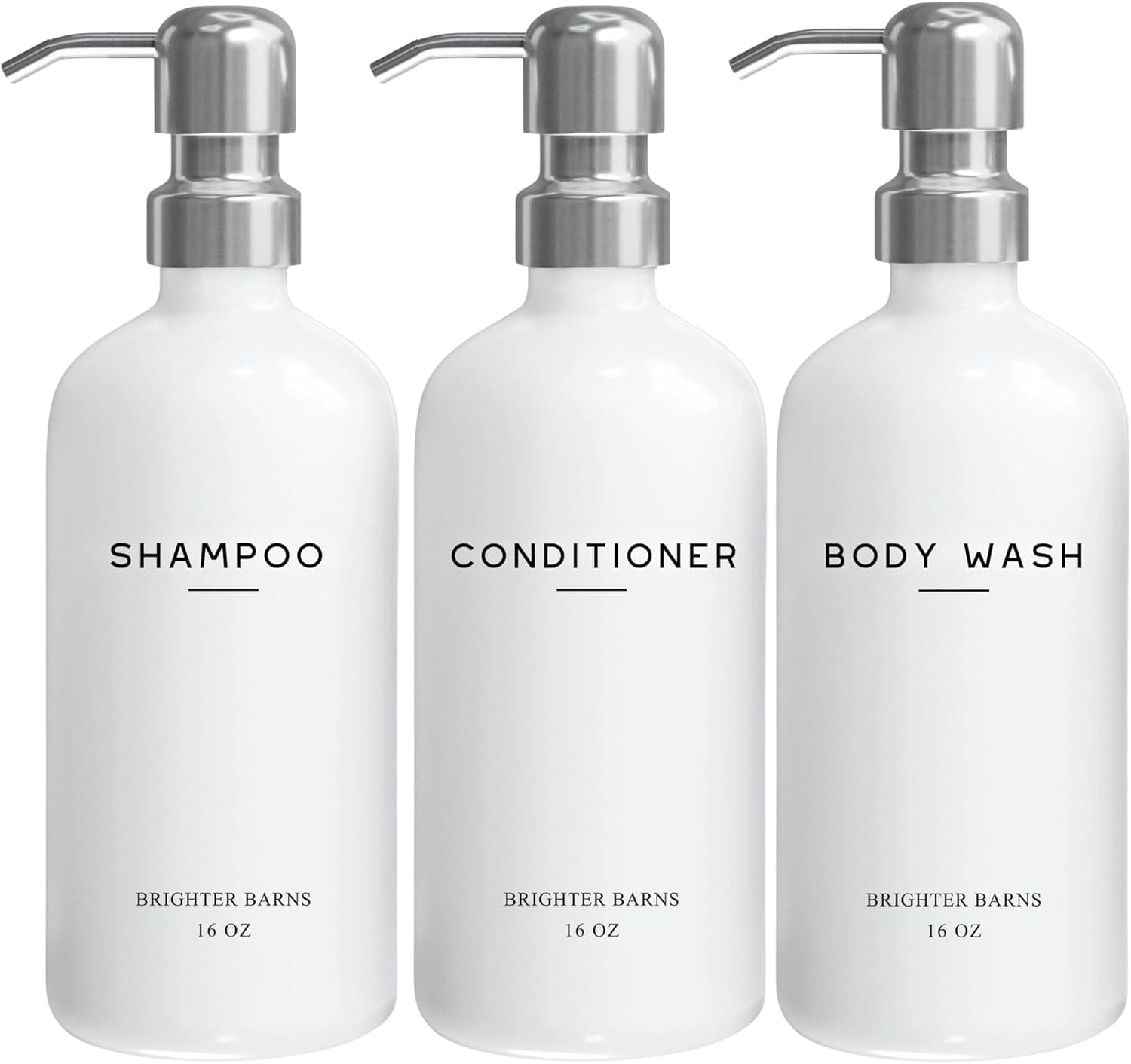 Conjunto de dispensador de xampu e condicionador branco da Brighter Barns - Dispensador de chuveiro para banheiro - Frasco de xampu de plástico recarregável e bomba de aço inoxidável - Dispensador de