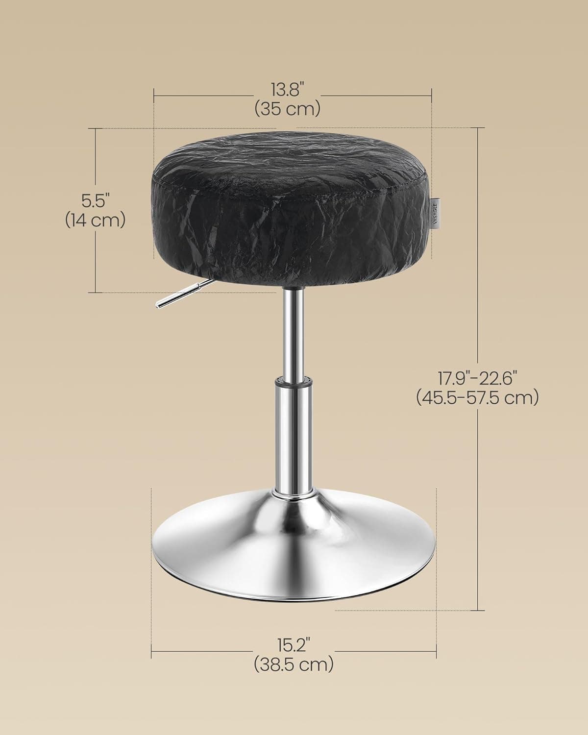 VASAGLE Banqueta ajustável, cadeira de maquiagem, rotação de 360°, estofamento de poliuretano, almofada grossa, para quarto, cozinha, sala de jantar, moderno, tinta preta ULJB120B01 - Imagem 3